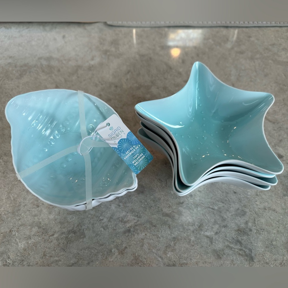 Sigrid Olsen Aqua Shell (4) & Starfish Bowls (4) 8 Total /NWT